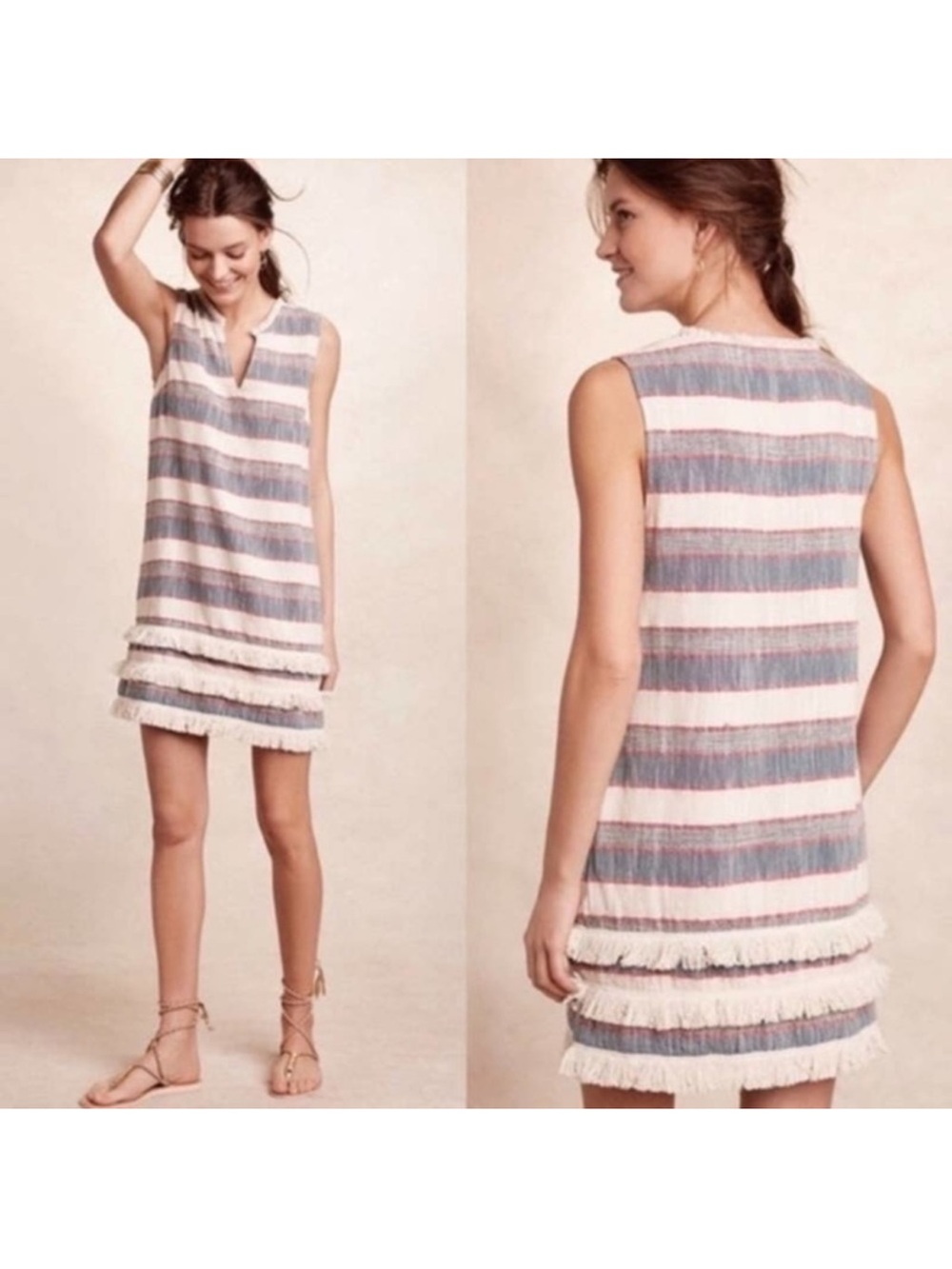 Anthropologie Holding Horses Womens Sleeveless Fringe Striped Dress Size 14